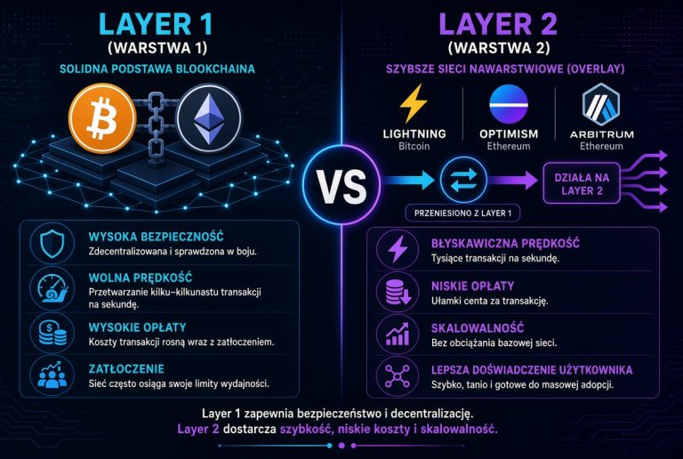 Porównanie Layer 1 vs Layer 2 – po lewej stronie solidna podstawa blockchaina Bitcoin i Ethereum (wysokie bezpieczeństwo, wolna prędkość, wysokie opłaty), po prawej stronie rozwiązania warstwy drugiej: Lightning, Optimism i Arbitrum (szybkość, niskie opłaty, skalowalność).