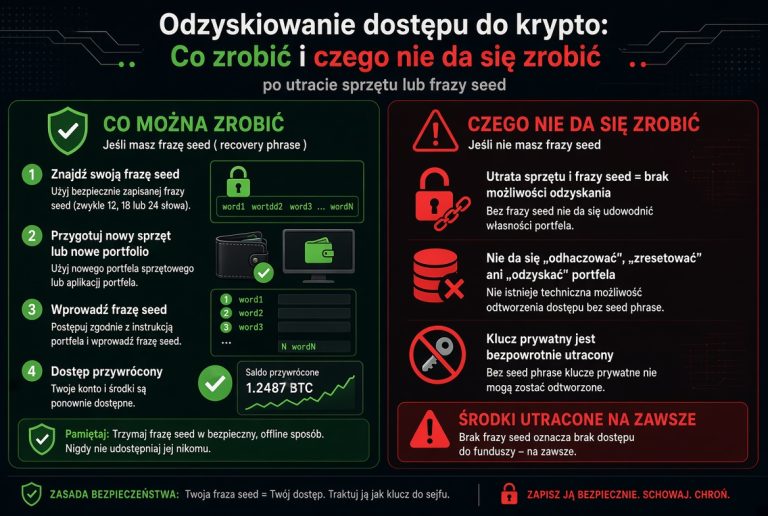Odzyskiwanie dostępu do kryptowalut – porównanie co można zrobić z frazą seed (zielona strona) oraz czego nie da się zrobić po jej utracie (czerwona strona). Grafika edukacyjna pokazująca różnicę między odzyskaniem portfela a permanentną utratą środków.