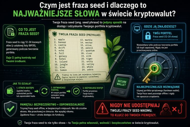 Czym jest fraza seed i dlaczego to najważniejsze słowa w kryptowalutach – grafika edukacyjna pokazująca przykładową frazę seed, jej znaczenie, sposób działania oraz ostrzeżenie „Nigdy nie udostępniaj”.
