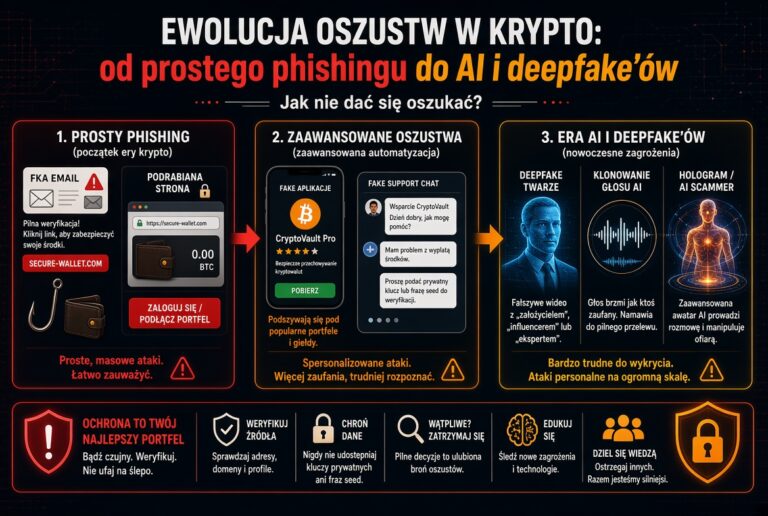 Ewolucja oszustw w kryptowalutach – od prostego phishingu, przez zaawansowane fałszywe aplikacje i support, aż po AI i deepfake’y. Grafika edukacyjna pokazująca jak zmieniały się metody oszustw i jak się przed nimi chronić.