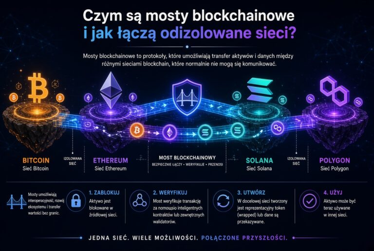 Czym są mosty blockchainowe i jak łączą odizolowane sieci – grafika edukacyjna pokazująca most łączący Bitcoin, Ethereum, Solanę i Polygon, z transferem aktywów pomiędzy izolowanymi sieciami blockchain.